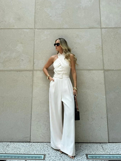 Halterneck Wide Leg Jumpsuit With Belt