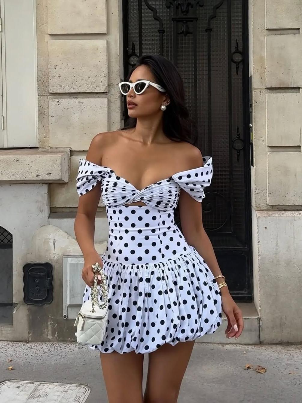 Polka Dot Sweetheart Neck Cutout Short Dress