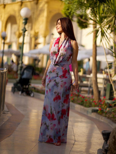 Elena Floral Print Halterneck Backless Mesh Dress