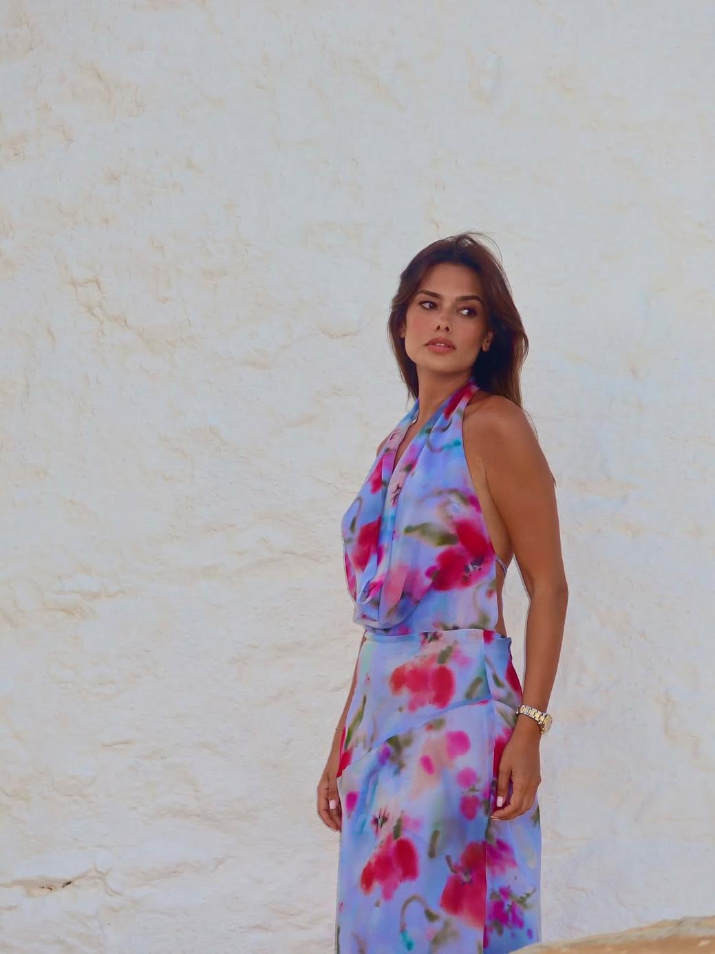 Elena Floral Print Halterneck Backless Mesh Dress