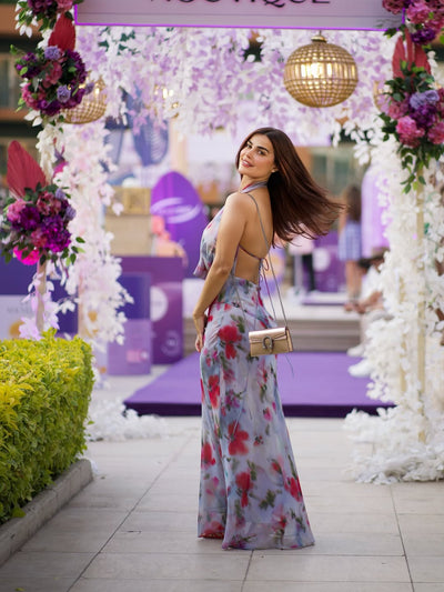 Elena Floral Print Halterneck Backless Mesh Dress