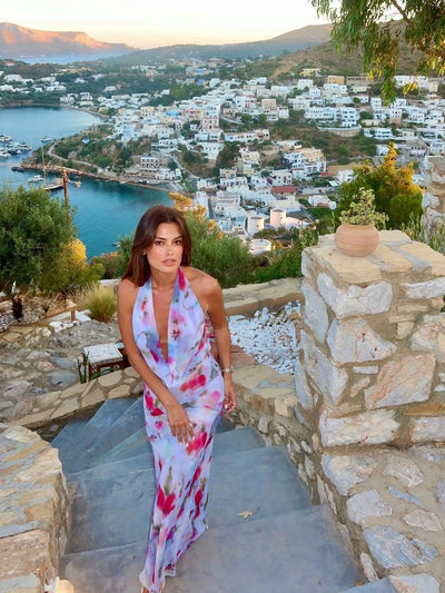 Elena Floral Print Halterneck Backless Mesh Dress