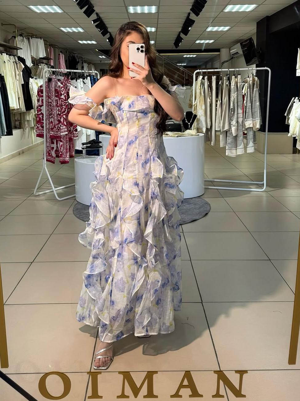 Ruffle Floral Print Frill Off-Shoulder Maxi Dress