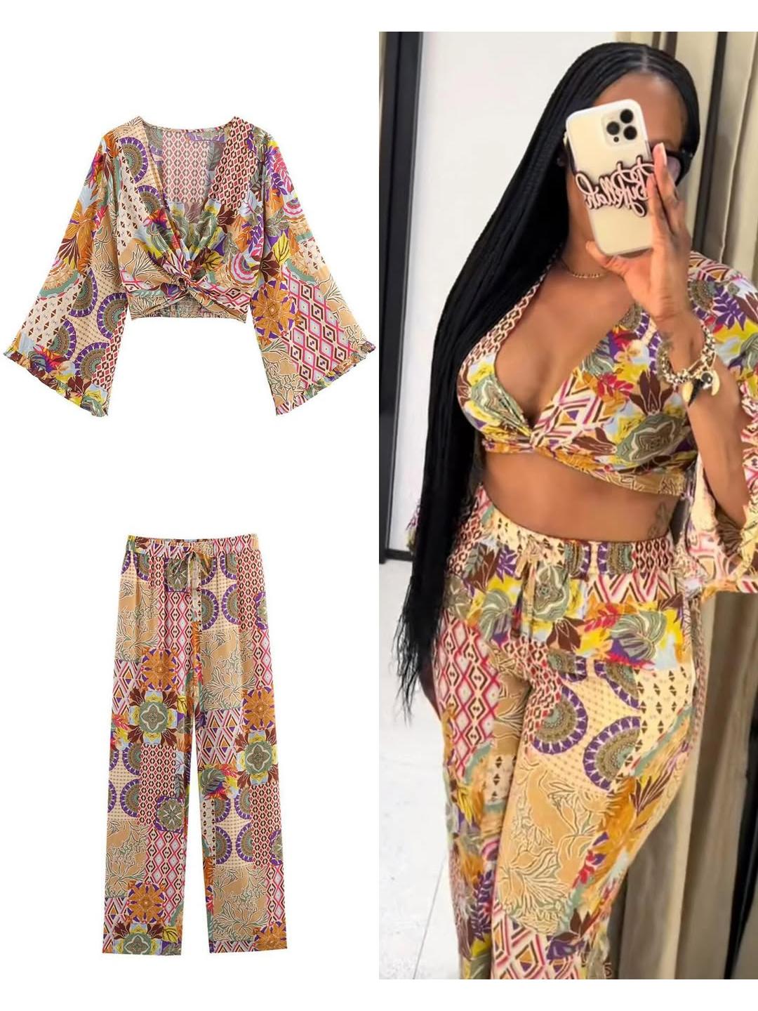 Geometric Print Knot Top & Pants Coord Set