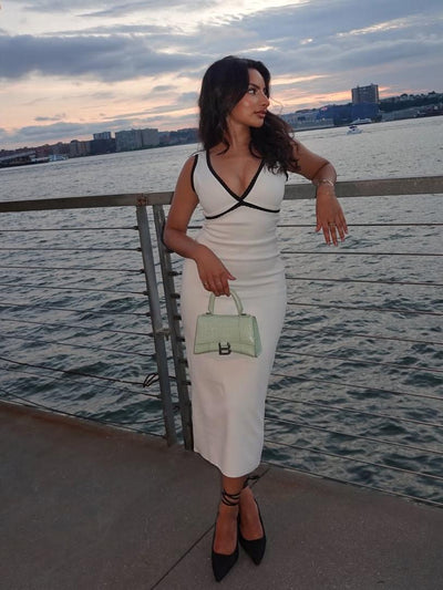 Sweetheart Neck Wide Strap Trim Midi Dress