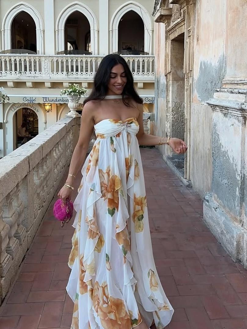 Star Applique Halter Tube Ruffle Slit Maxi Dress