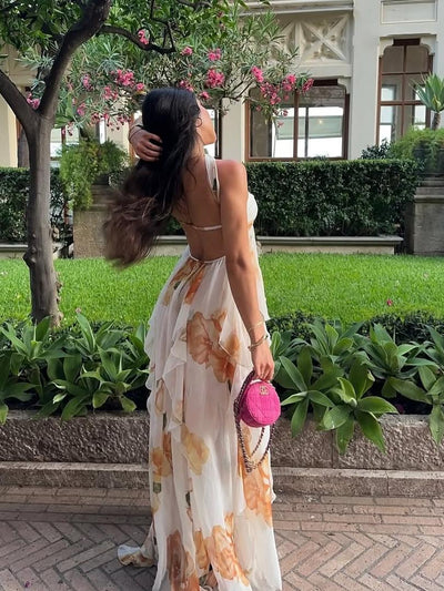 Star Applique Halter Tube Ruffle Slit Maxi Dress