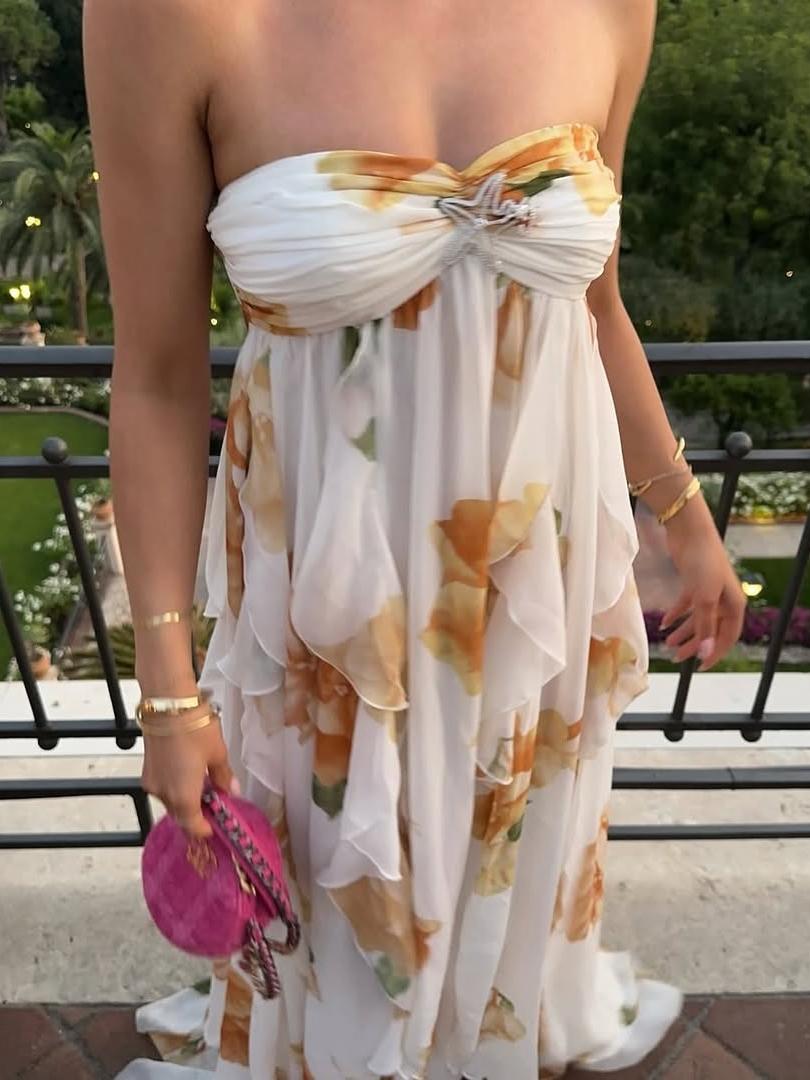 Star Applique Halter Tube Ruffle Slit Maxi Dress