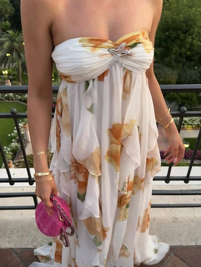 Star Applique Halter Tube Ruffle Slit Maxi Dress