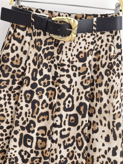 Animal Print Wide Leg Pants with Belt