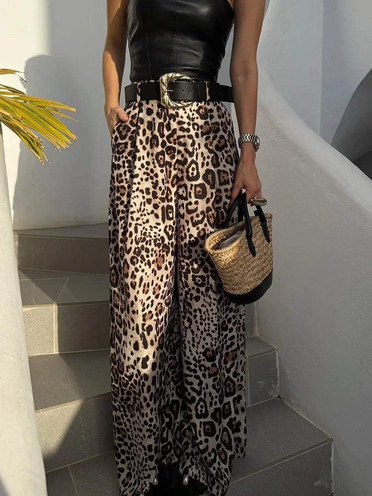 Animal Print Wide Leg Pants with Belt