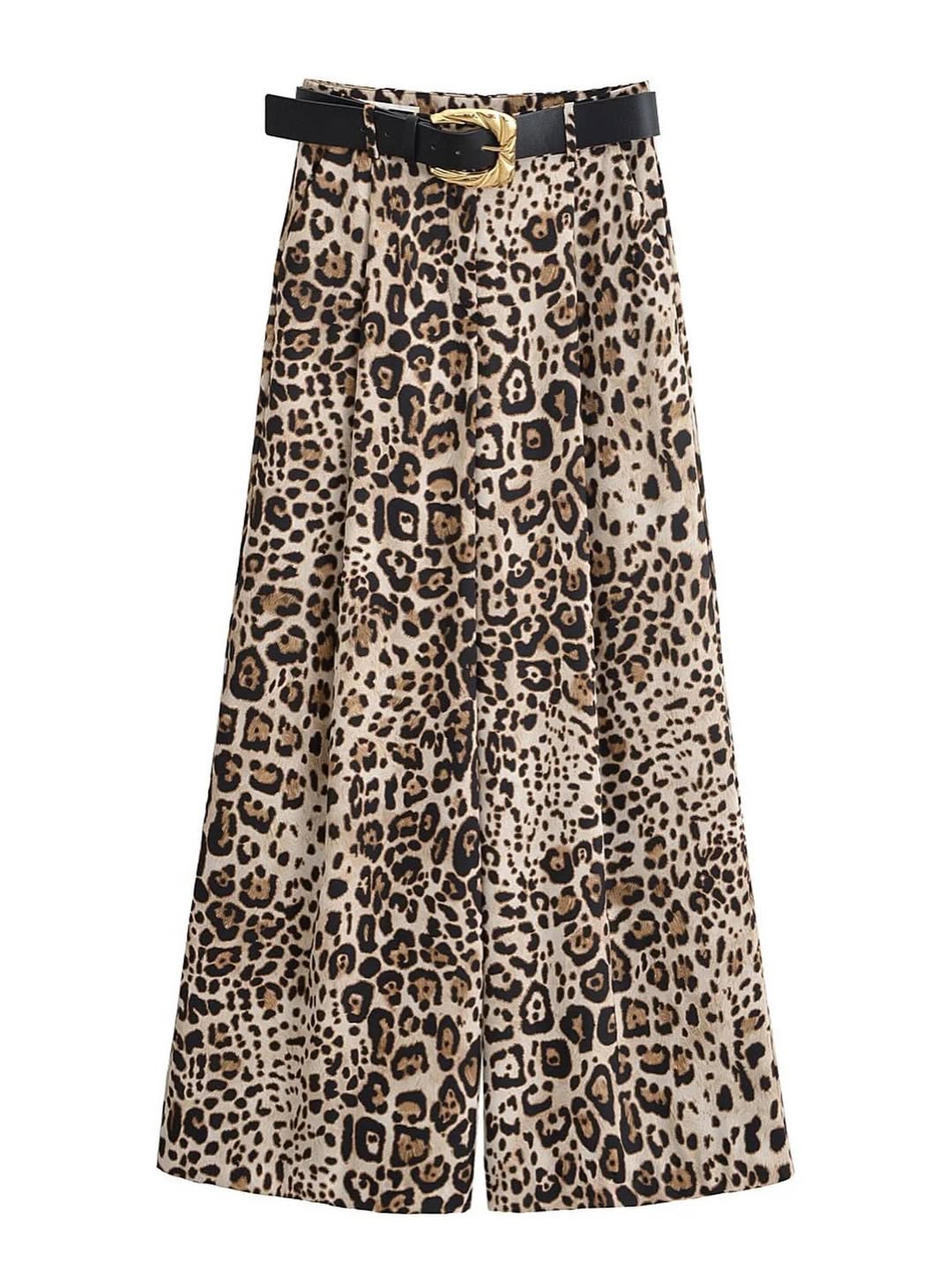Animal Print Wide Leg Pants with Belt