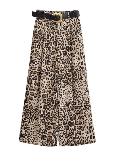 Animal Print Wide Leg Pants with Belt