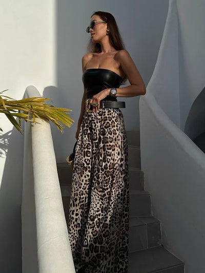 Animal Print Wide Leg Pants with Belt