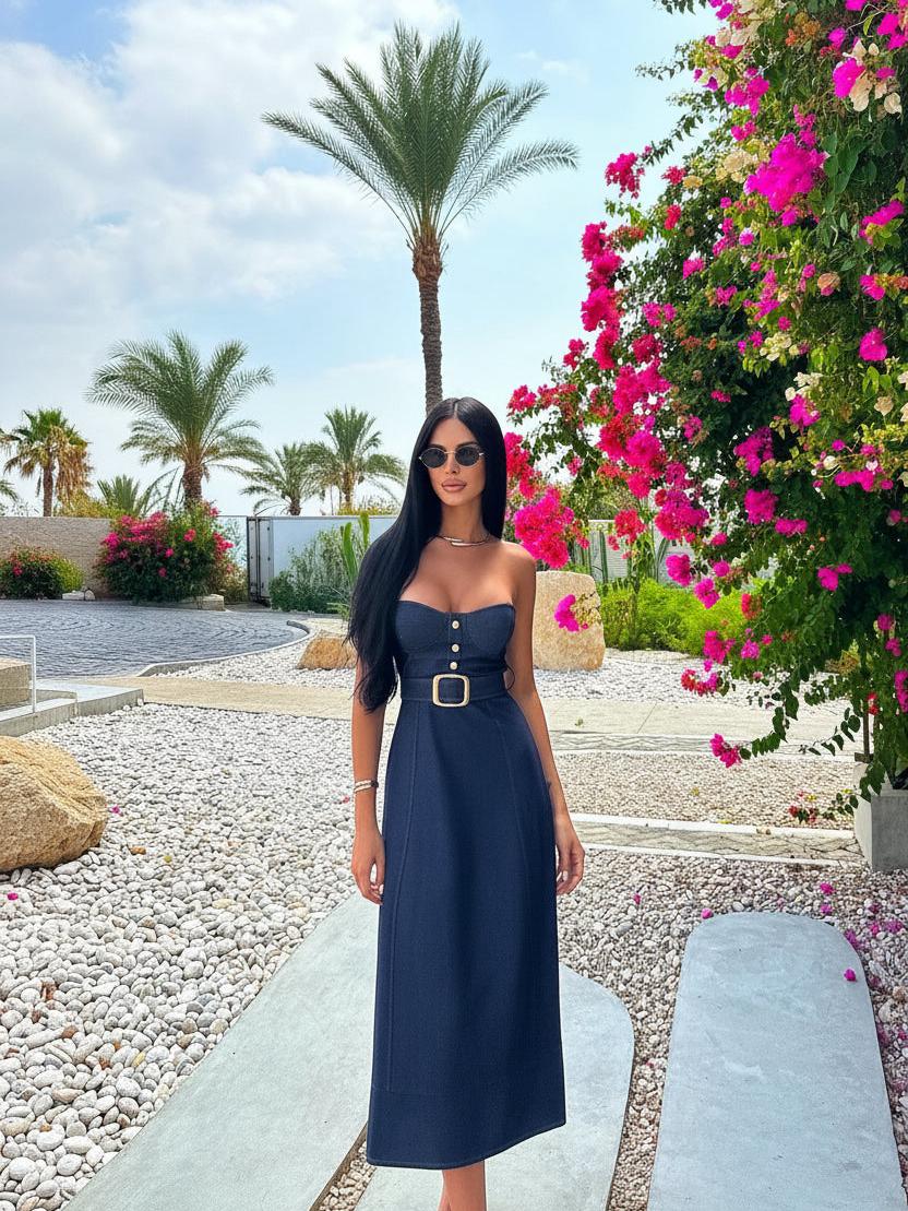 blue large belt denim tube dress Strapless Denim Tube Dress with Belt