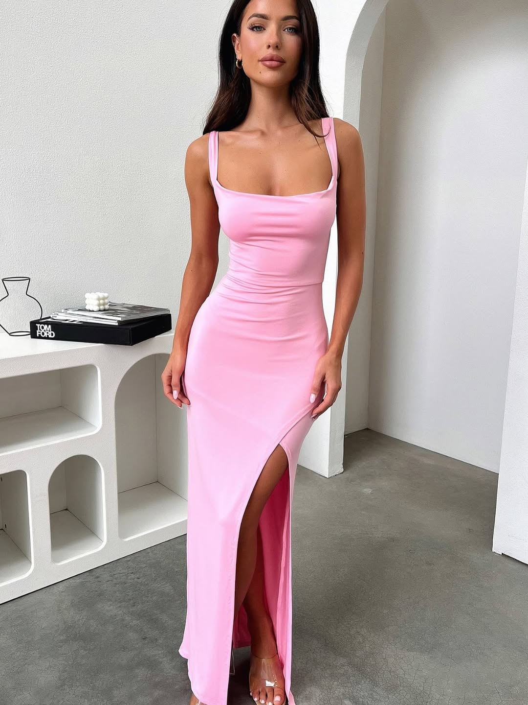 side slit satin a line cami dress A-Line Spaghetti Strap Satin Prom Dress with Side Slit