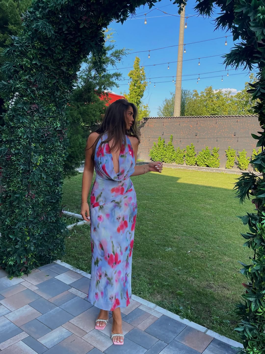 Elena Floral Print Halterneck Backless Mesh Dress