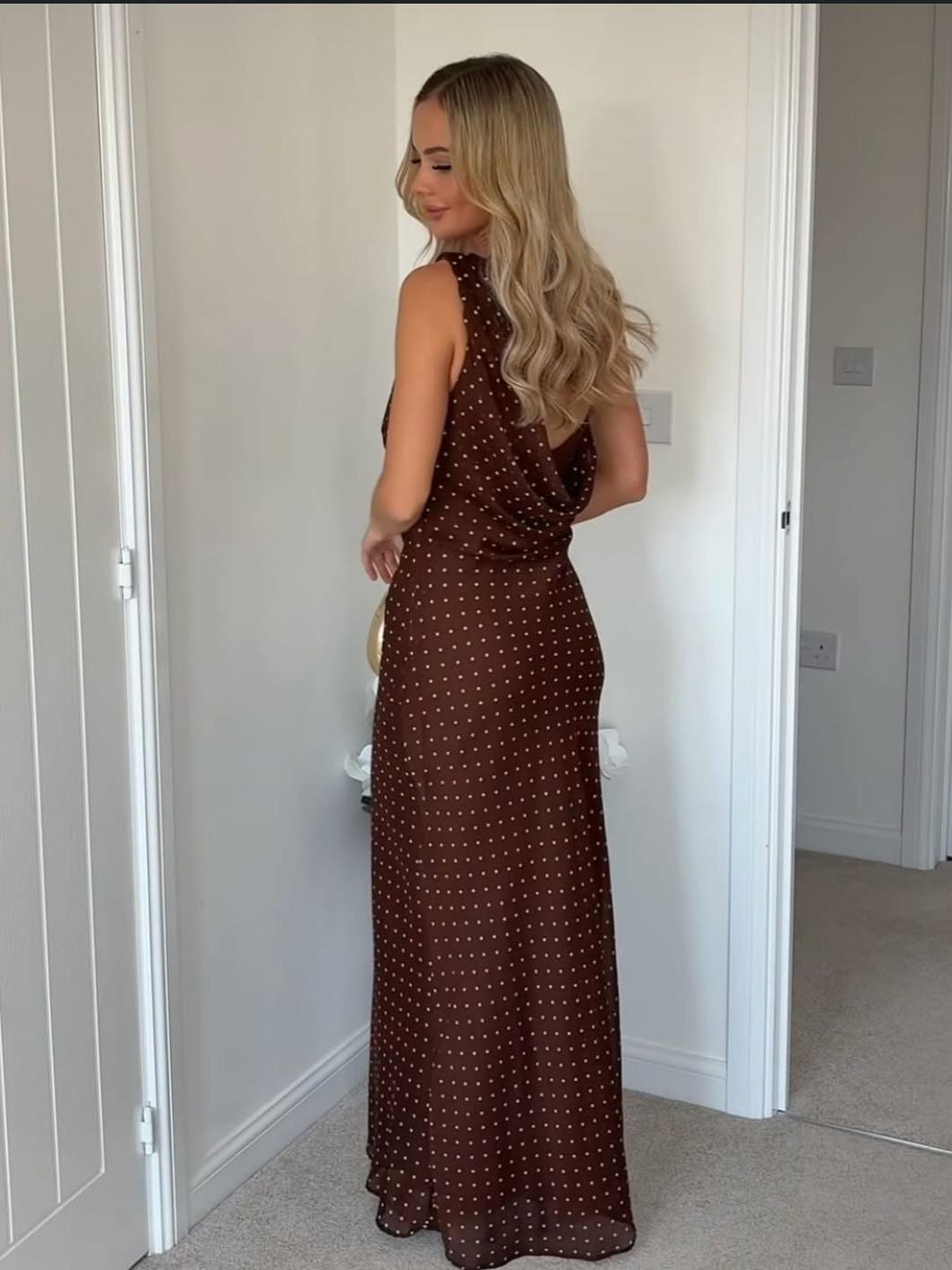 Polka Dot Draped Asymmetric Maxi Dress