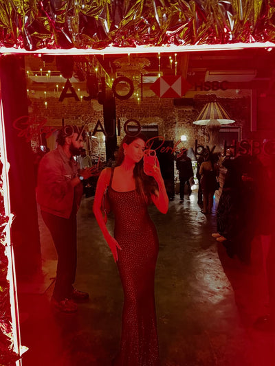 Emily Backless Rhinestone Mesh Maxi Dress