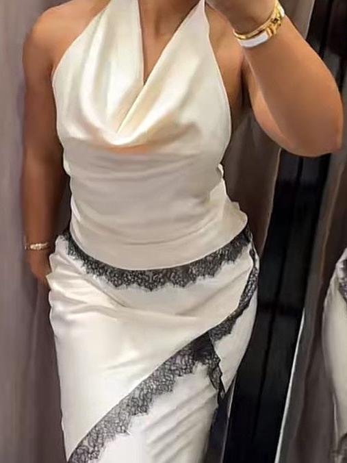 Satin Halterneck Top With Lace & Skirt Coord Set