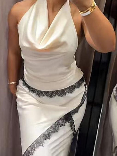 Satin Halterneck Top With Lace & Skirt Coord Set