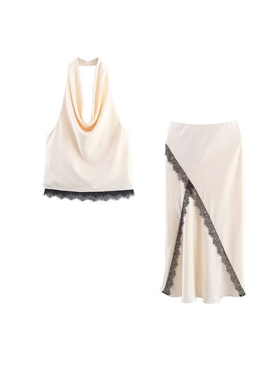 Satin Halterneck Top With Lace & Skirt Coord Set