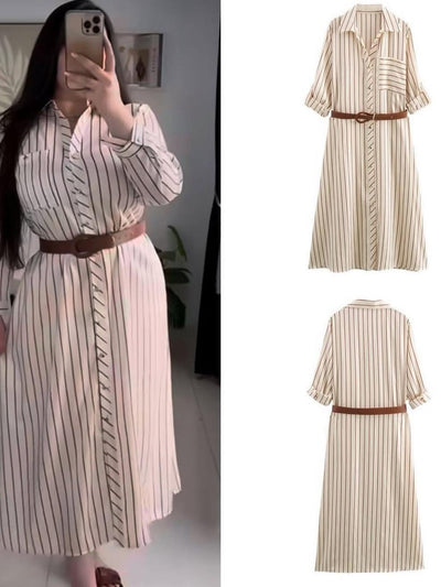 Striped Belted Midi Shirt Dress