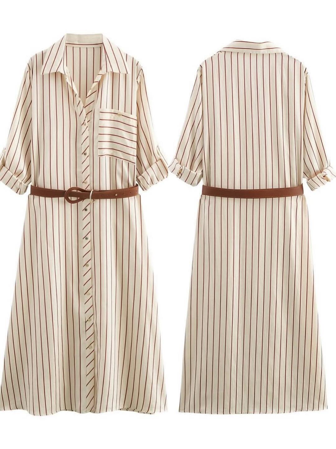Striped Belted Midi Shirt Dress