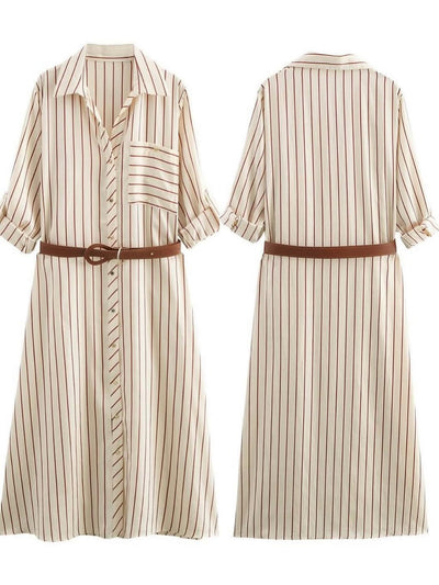 Striped Belted Midi Shirt Dress