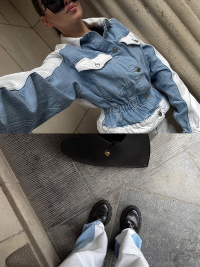 Patch Detailed Denim Jacket & Denim Pants Coord Set