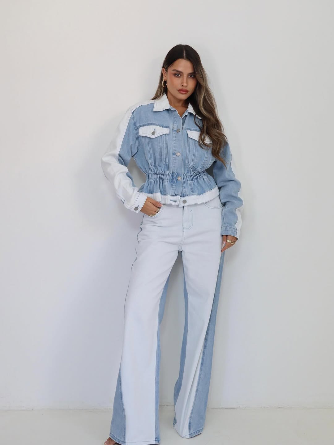 Patch Detailed Denim Jacket & Denim Pants Coord Set