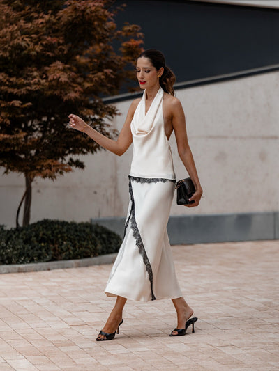 Satin Halterneck Top With Lace & Skirt Coord Set