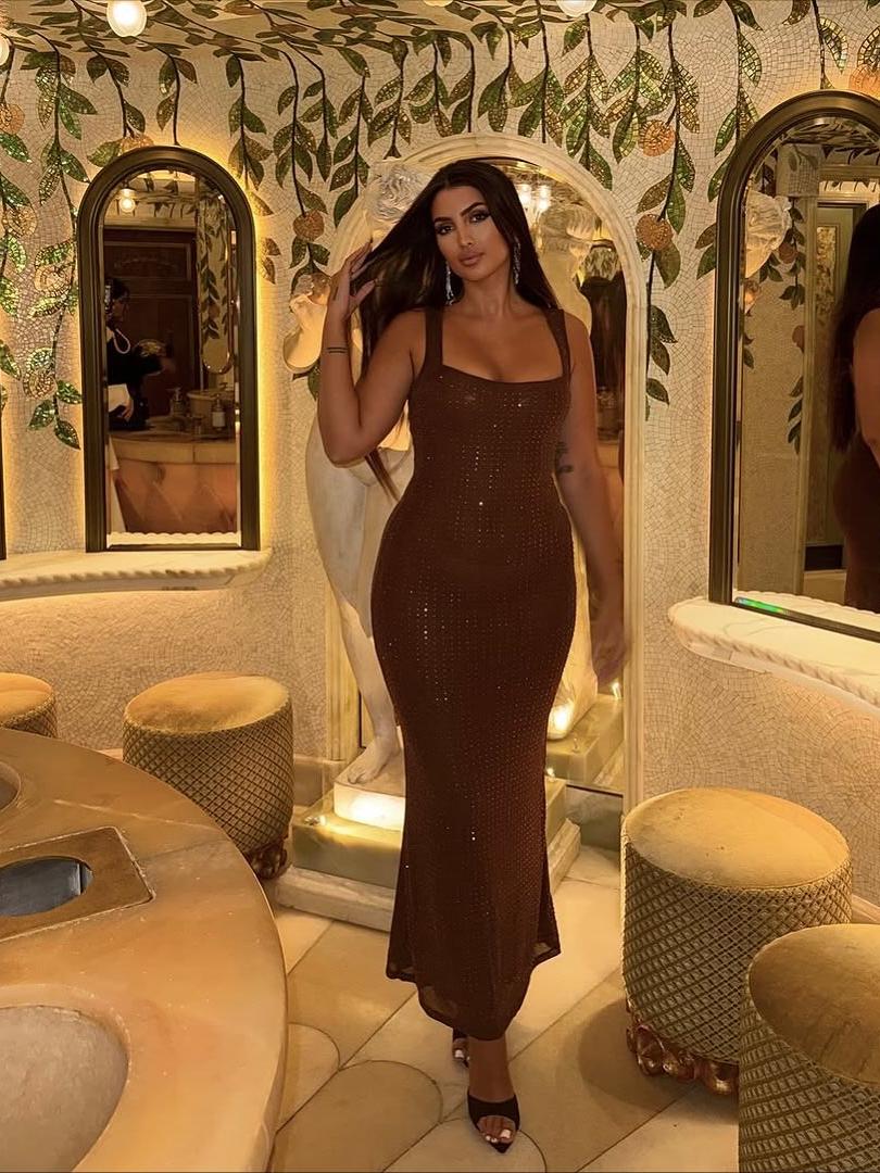 Emily Backless Rhinestone Mesh Maxi Dress