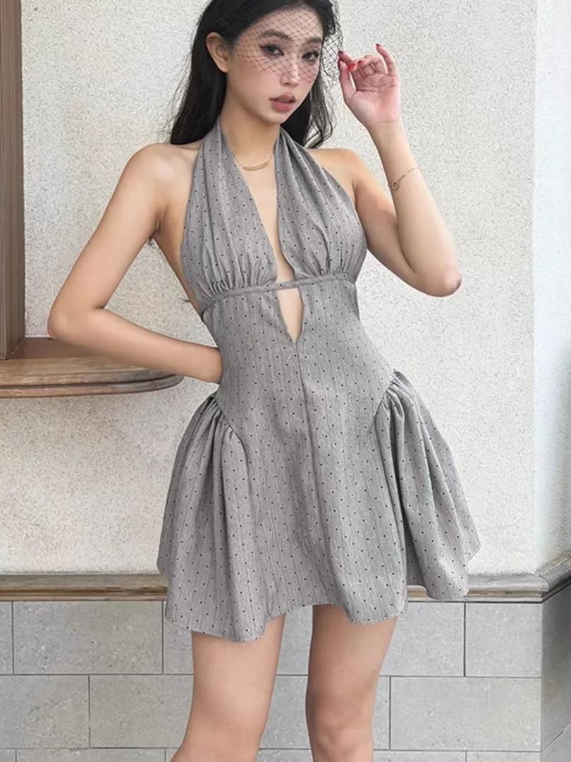 Rhinestone Deep Neck Grey Halterneck Short Flare Dress