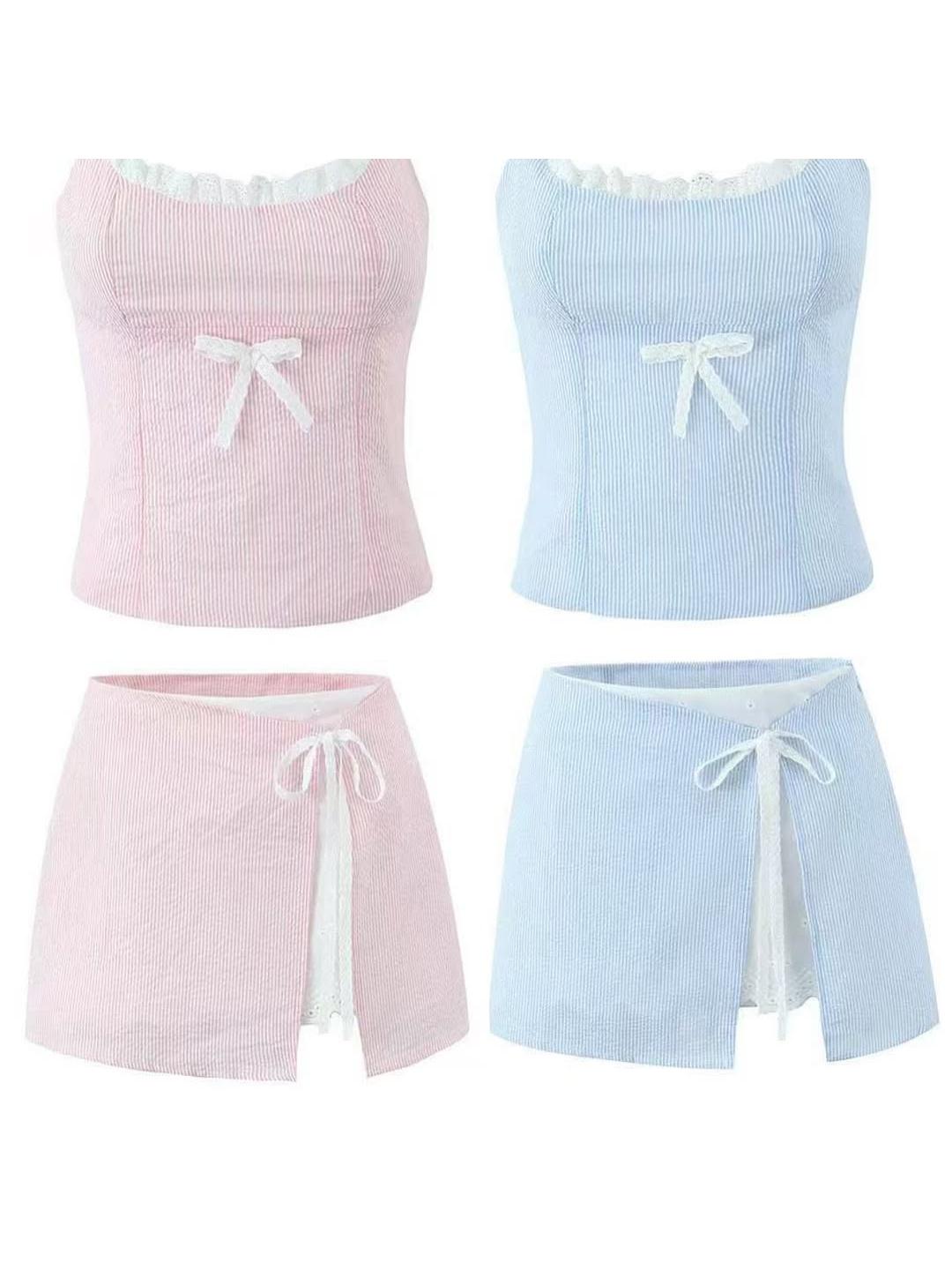 Striped Lace Bow Cami Top & Tied Skort Skirt Coord Set