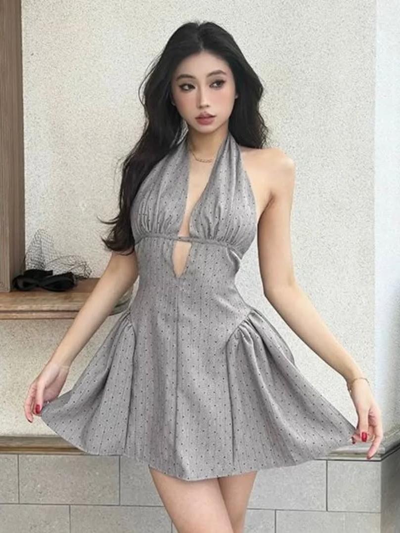 Rhinestone Deep Neck Grey Halterneck Short Flare Dress