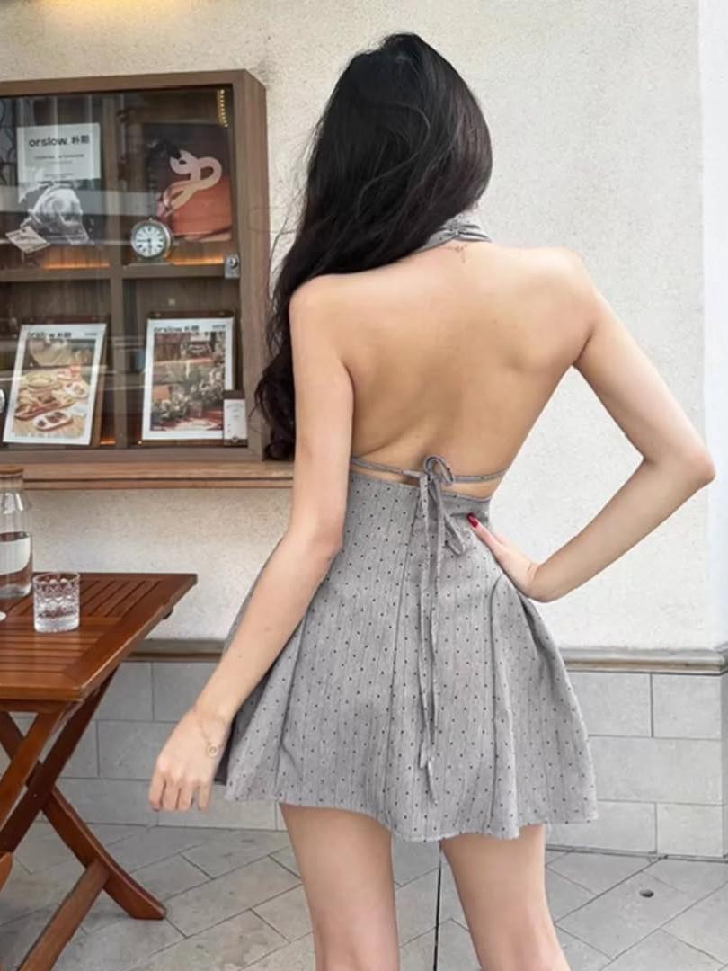 Rhinestone Deep Neck Grey Halterneck Short Flare Dress