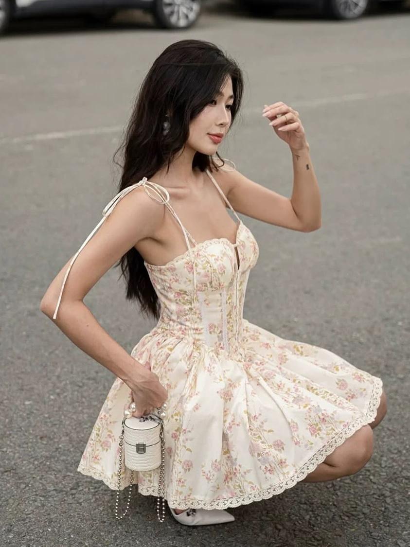 Lace Tied Spaghetti Strap Deep Neck Corset Short Dress
