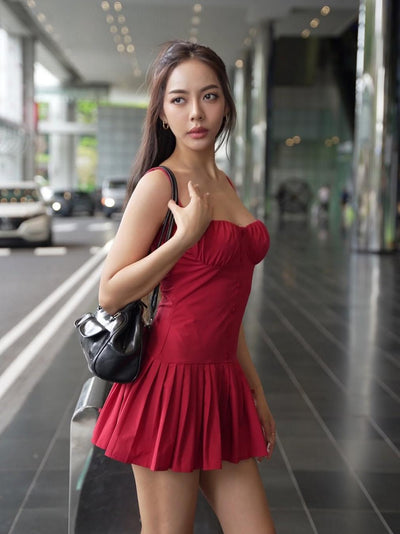 Red Short Pleated Flare Dress