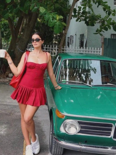 Red Short Pleated Flare Dress