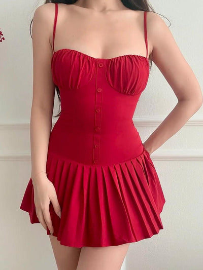 Red Short Pleated Flare Dress