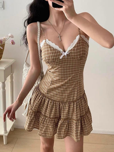 Gingham Print Ruffle Print Lace short Dress