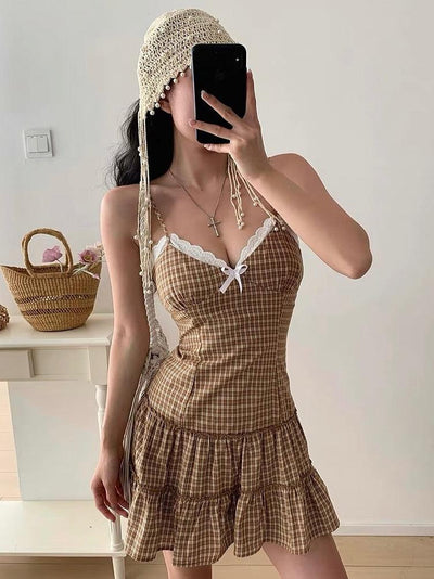 Gingham Print Ruffle Print Lace short Dress