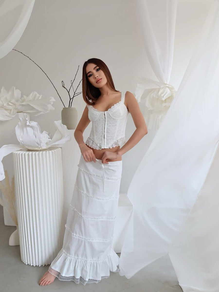 White Cotton Ruffle Cami Top & Skirt Coord Set