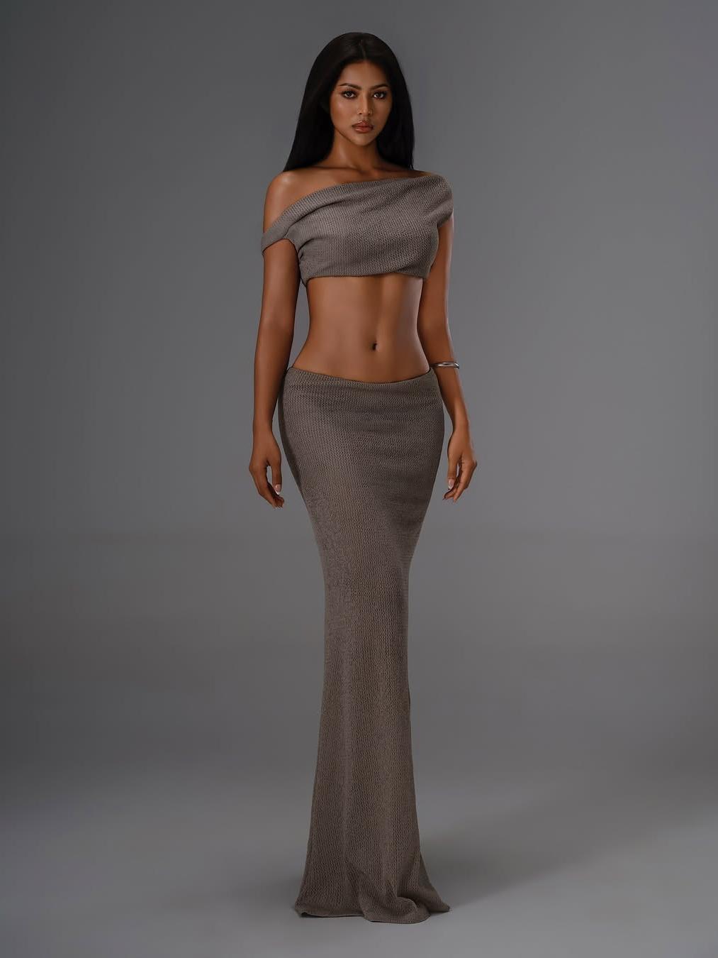 Knitted Asymmetric Top And Long Skirt Coord Set