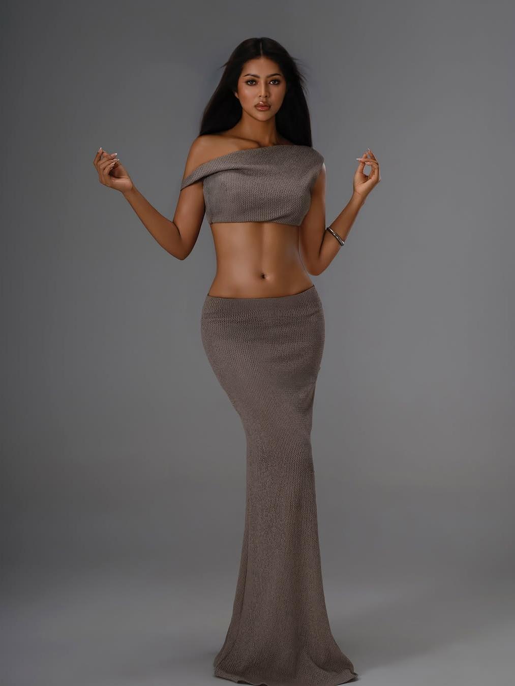 Knitted Asymmetric Top And Long Skirt Coord Set