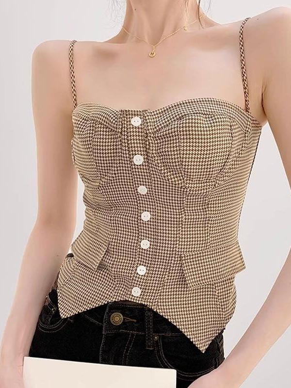 Spaghetti Strap Gingham Print Corset Pocket Top