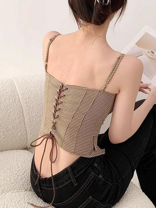 Spaghetti Strap Gingham Print Corset Pocket Top
