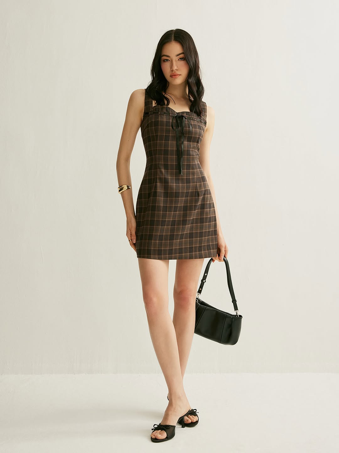 Brown Gingham Print Short Sweetheart Neck Dress