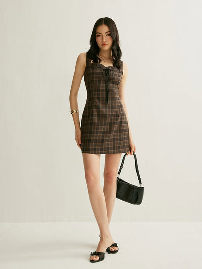 Brown Gingham Print Short Sweetheart Neck Dress
